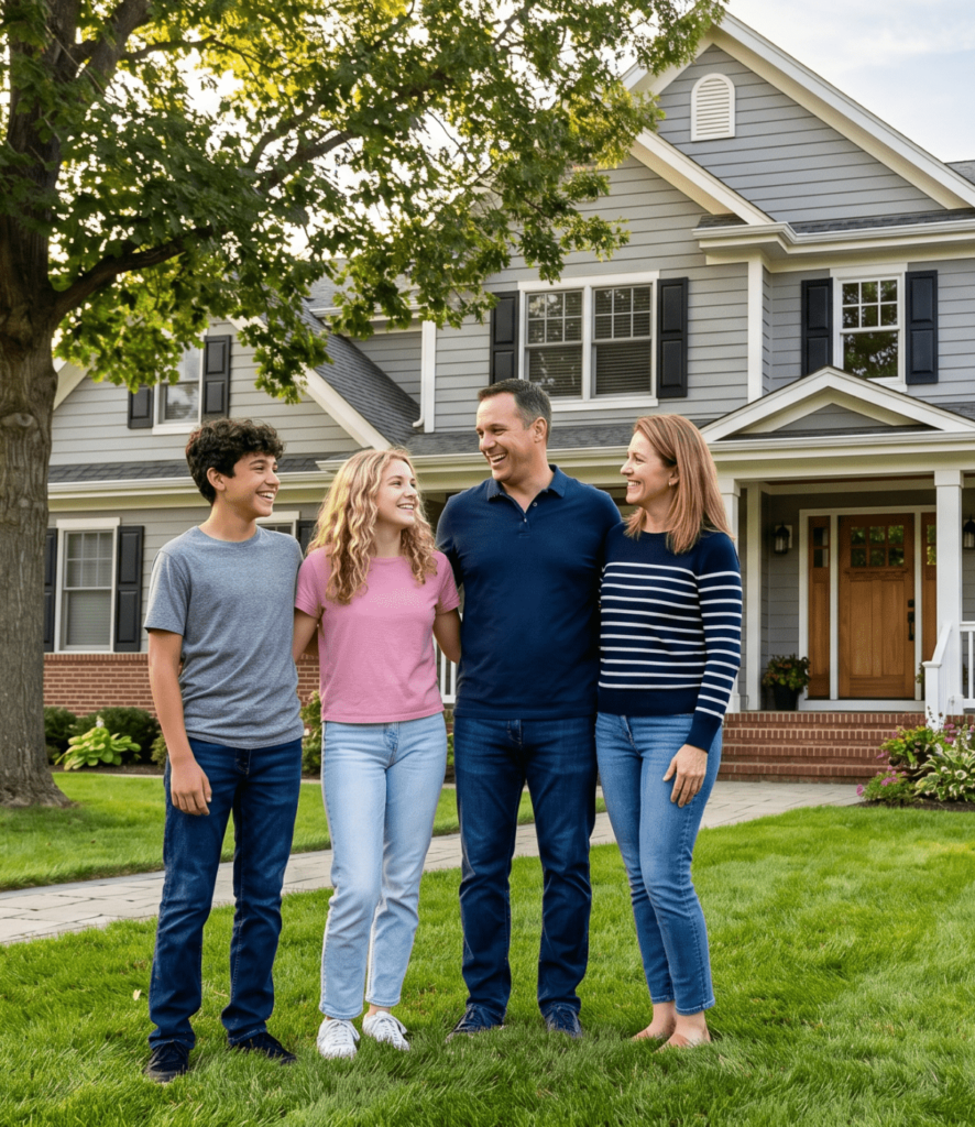 Family of four standing together on the front lawn of their home, smiling and looking at one another in front of a two-story house.